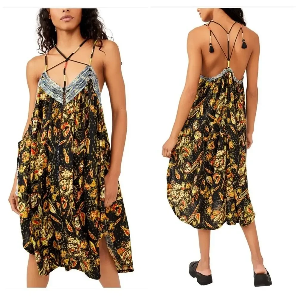 Free People Garden Party Cotton Blend Knit Dress In Black Combo Size XS